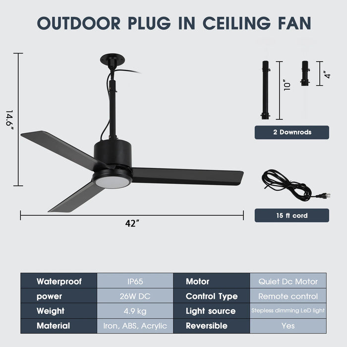 42 Inch Rhine Indoor/Wet Outdoor IP65 Black Anywhere Waterproof Ceiling Fan with LED Light and Convenient Hanging Hook
