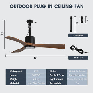 42 Inch Hamptons Patio Guard IP65 Outdoor DC Motor Black Modern Hanging Buckle Downrod Ceiling Fan with Light