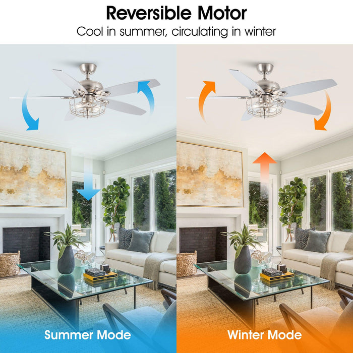 52" Kyla Industrial Brushed Nickel Reversible Caged Ceiling Fan with Lighting
