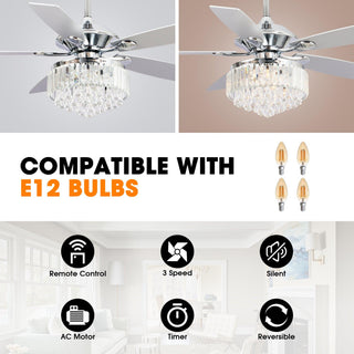 52" Elkton Modern Reversible Crystal Ceiling Fan With Chandelier