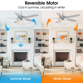 52" Elkton Modern Reversible Crystal Ceiling Fan With Chandelier