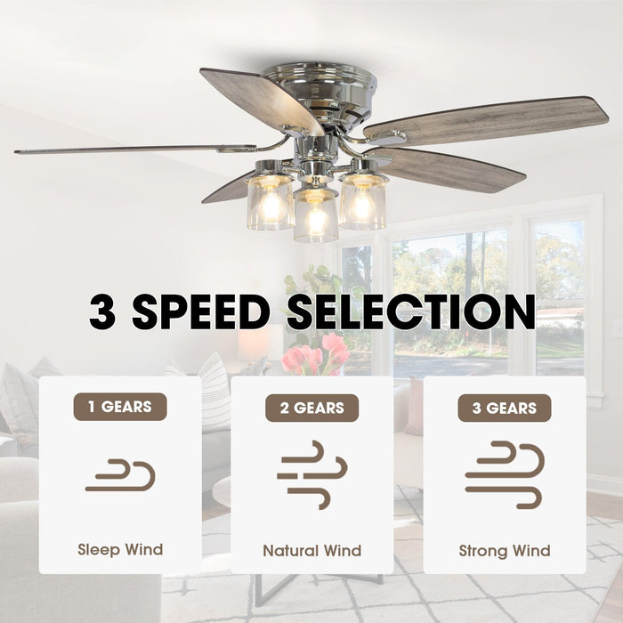 52" Bangatore Traditional Chrome Flush Mount Reversible Ceiling Fan with Lighting and Remote Control