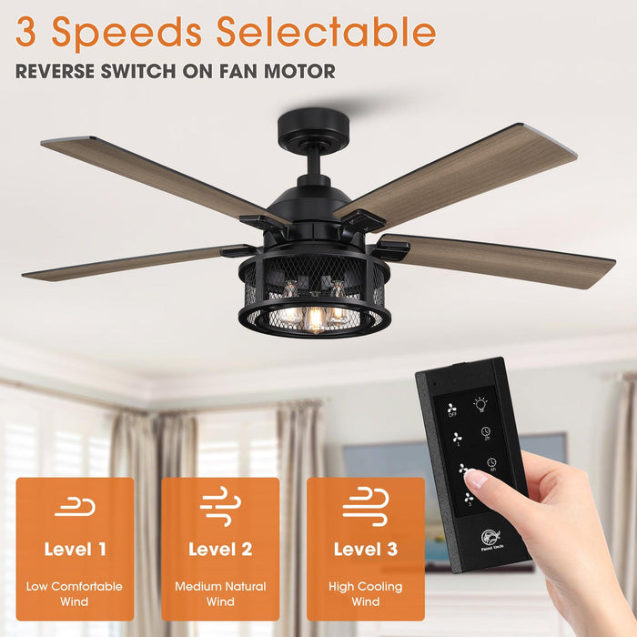 52" Lucknow Industrial Black Reversible Ceiling Fan with Lighting and Remote Control