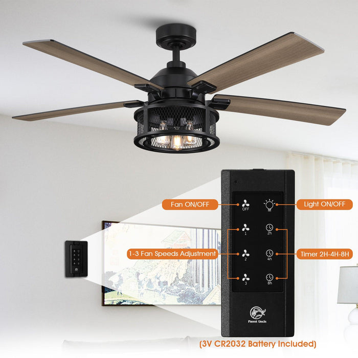 52" Lucknow Industrial Black Reversible Ceiling Fan with Lighting and Remote Control