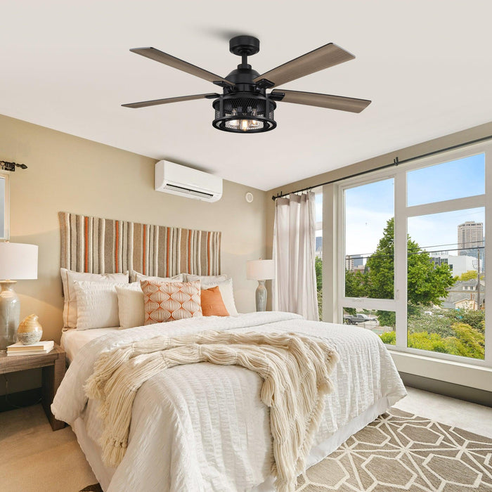 52" Lucknow Industrial Black Reversible Ceiling Fan with Lighting and Remote Control