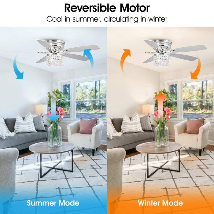 52" Panipat Modern Chrome Flush Mount Reversible Crystal Ceiling Fan with Lighting and Remote Control