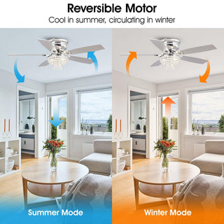 52" Kanpur Modern Chrome Flush Mount Reversible Crystal Ceiling Fan with Lighting and Remote Control