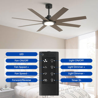 60" DC Motor 8 Blades Modern Downrod Mount Ceiling Fan with LED Light and Remote Control