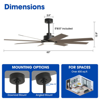 60" DC Motor 8 Blades Modern Downrod Mount Ceiling Fan with LED Light and Remote Control