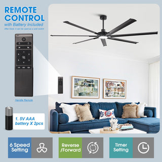 213 cm / 254 cm / 305 cm Black Extra Large Ceiling Fan with Dimmable Lighting Remote Control for Warehouses Gyms & Indoor/Outdoor Use