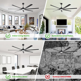 213 cm / 254 cm / 305 cm Black Extra Large Ceiling Fan with Dimmable Lighting Remote Control for Warehouses Gyms & Indoor/Outdoor Use