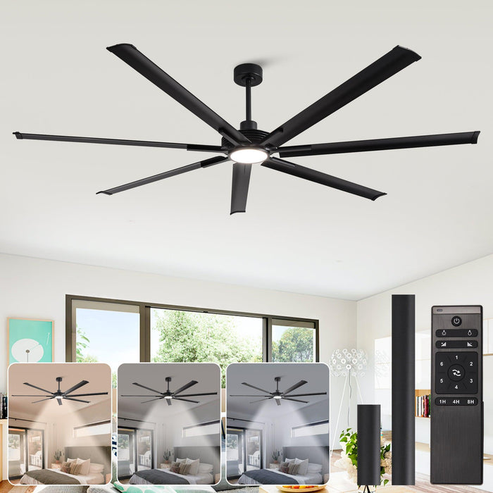 213 cm / 254 cm Padus Black Extra Large Ceiling Fan with Dimmable Lighting, Remote Control, Industrial Downrod Mount Design for Living Room, Bedroom, Warehouses, Gyms & Indoor/Outdoor Use