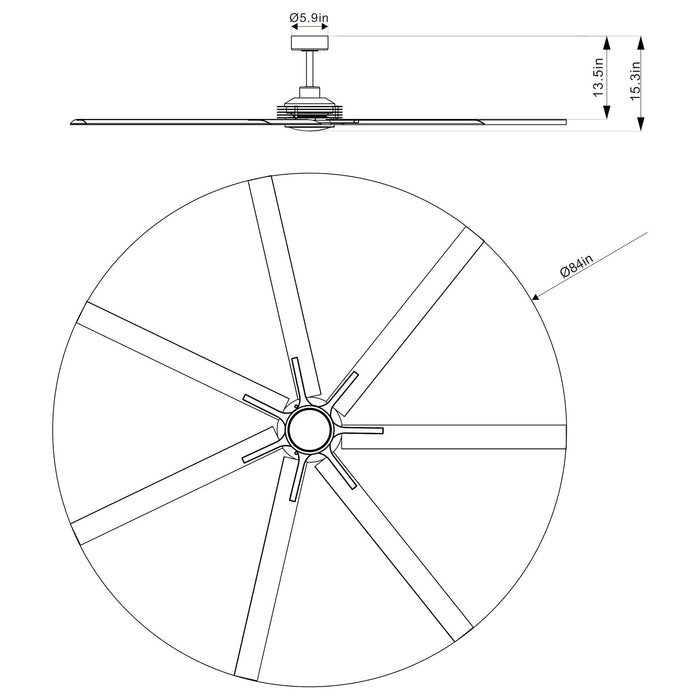 213 cm / 254 cm Padus Black Extra Large Ceiling Fan with Dimmable Lighting, Remote Control, Industrial Downrod Mount Design for Living Room, Bedroom, Warehouses, Gyms & Indoor/Outdoor Use