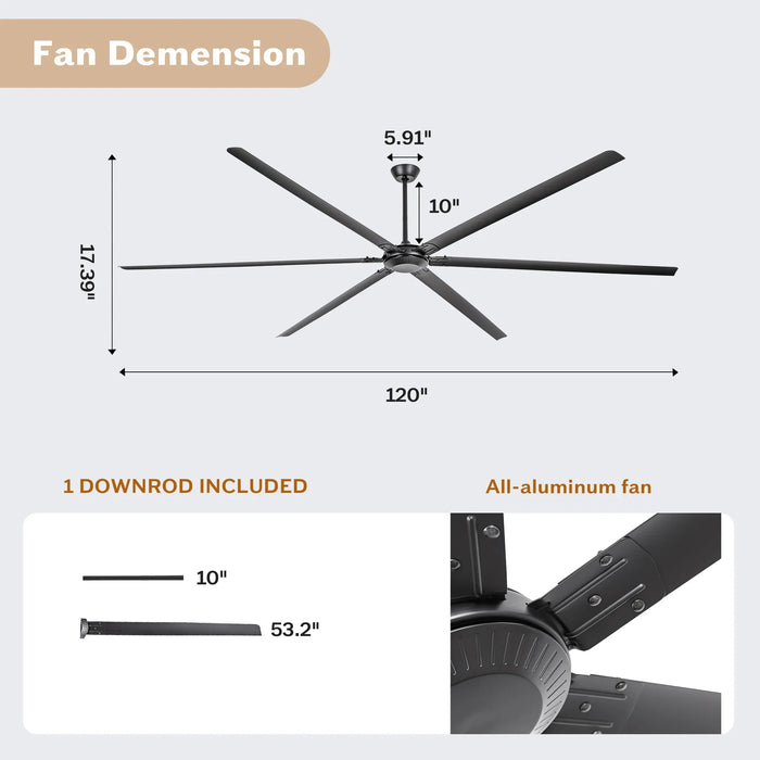 120 Inch HVLS Fan Jupiter Industrial Aluminum Extra Large Ceiling Fan with Remote Control