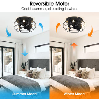 12" Flush Mount Low Profile Caged Small Ceiling Fan with Light and Remote Control
