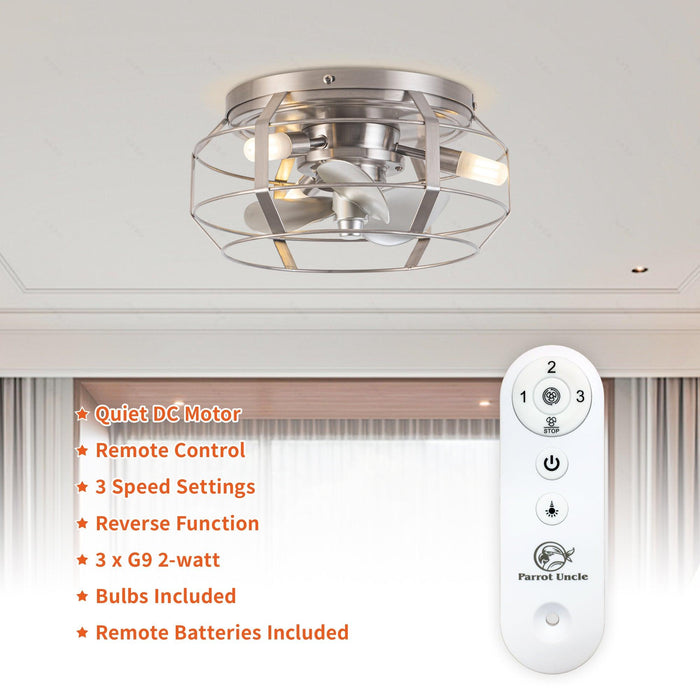 12" Flush Mount Low Profile Caged Small Ceiling Fan with Light and Remote Control