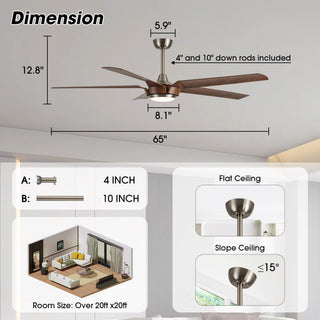 65" Fury Hamptons Farmhouse DC Motor Downrod Mount Ceiling Fan with Lighting and Remote Control