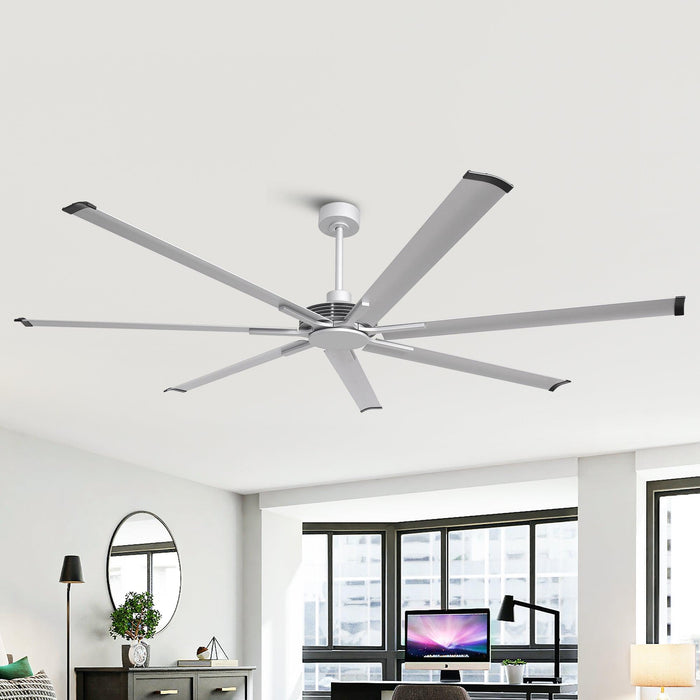 213 cm / 254 cm Silent Storm Extra Large Ceiling Fan, 7-Blade Aluminum Reversible DC Motor, 6-Speed Remote Control, Industrial Low Profile Fan for Large Indoor Spaces, Brushed Metal Finish