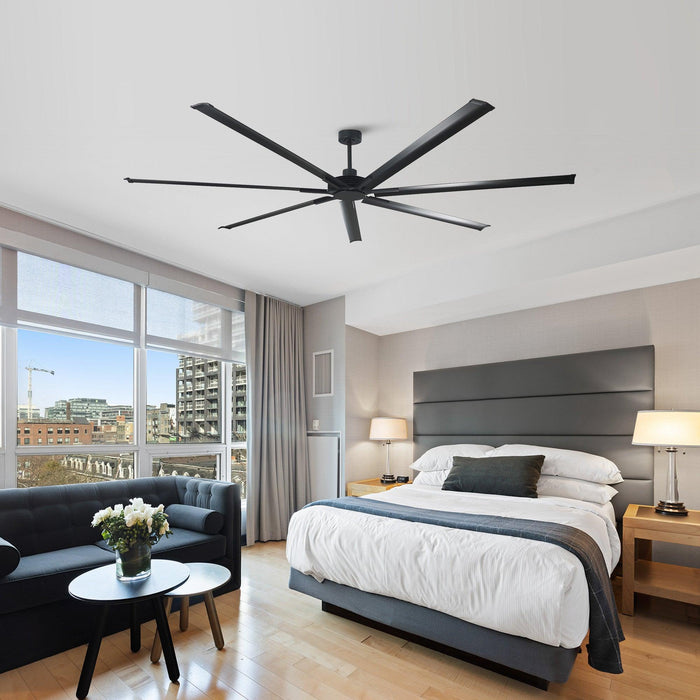 213 cm / 254 cm Silent Storm Extra Large Ceiling Fan, 7-Blade Aluminum Reversible DC Motor, 6-Speed Remote Control, Industrial Low Profile Fan for Large Indoor Spaces, Brushed Metal Finish
