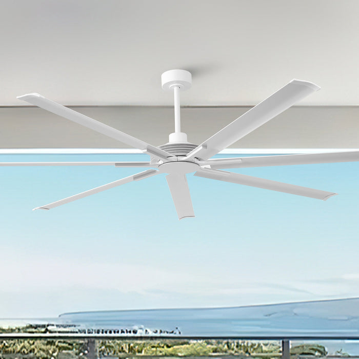 213 cm / 254 cm Silent Storm Extra Large Ceiling Fan, 7-Blade Aluminum Reversible DC Motor, 6-Speed Remote Control, Industrial Low Profile Fan for Large Indoor Spaces, Brushed Metal Finish