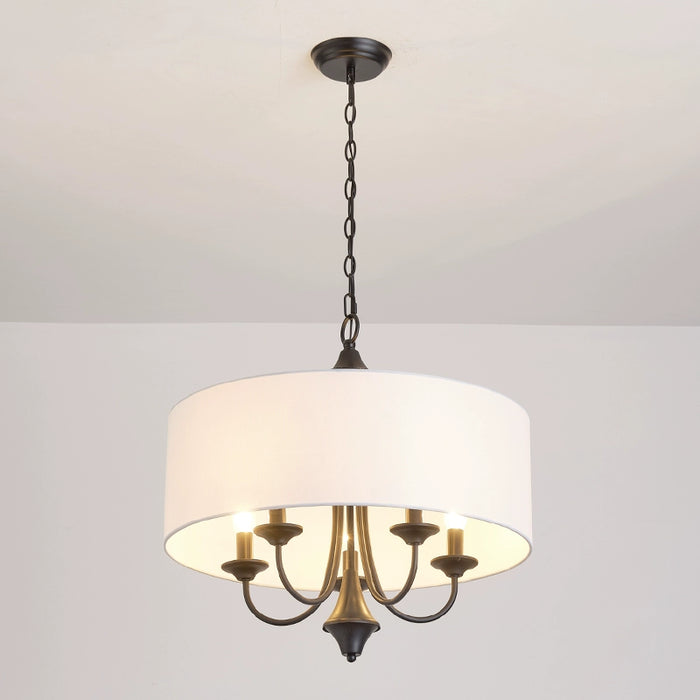 5-Light American Style Iron White Chandelier with Adjustable Hanging Length and Cloth Cover