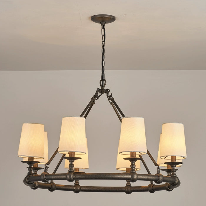 8-Light Vintage Industrial Chandelier in Living Room with Cloth Cover and Adjustable Hanging Length