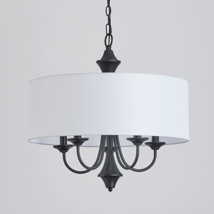 5-Light American Style Iron White Chandelier with Adjustable Hanging Length and Cloth Cover