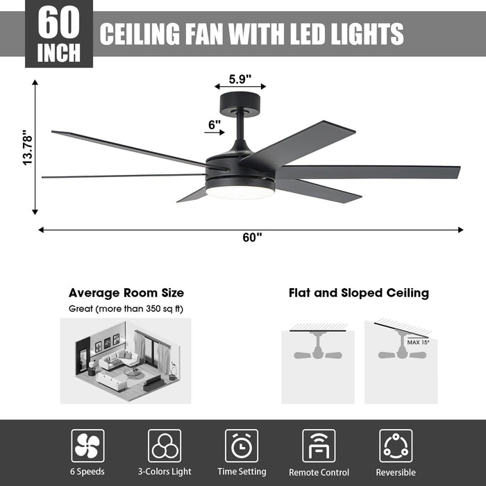 60" Volga DC Motor 6 Blades Modern Downrod Mount Ceiling Fan with Remote Control