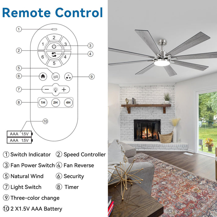 72 Inch Elbe Modern Downrod Mount Ceiling Fan with Light and Remote Control