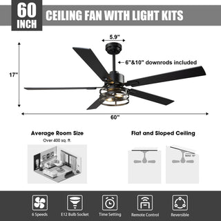 Vaczon Industrial 52 Inch 60 Inch Downrod Ceiling Fan with Light APP Remote Control
