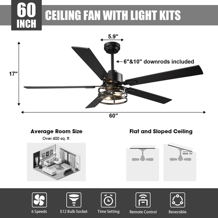 Vaczon Industrial 52 Inch 60 Inch Downrod Ceiling Fan with Light APP Remote Control