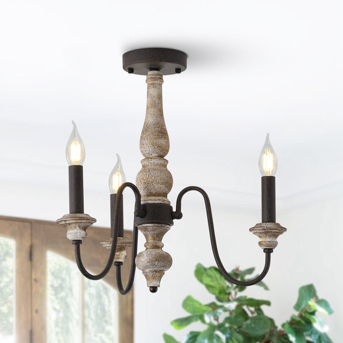 3-Light W Gray Wood 19-in Farmhouse Chandelier Semi Flush Mount Ceiling Lighting