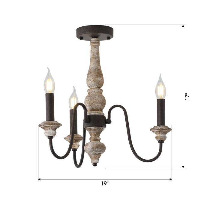 3-Light W Gray Wood 19-in Farmhouse Chandelier Semi Flush Mount Ceiling Lighting