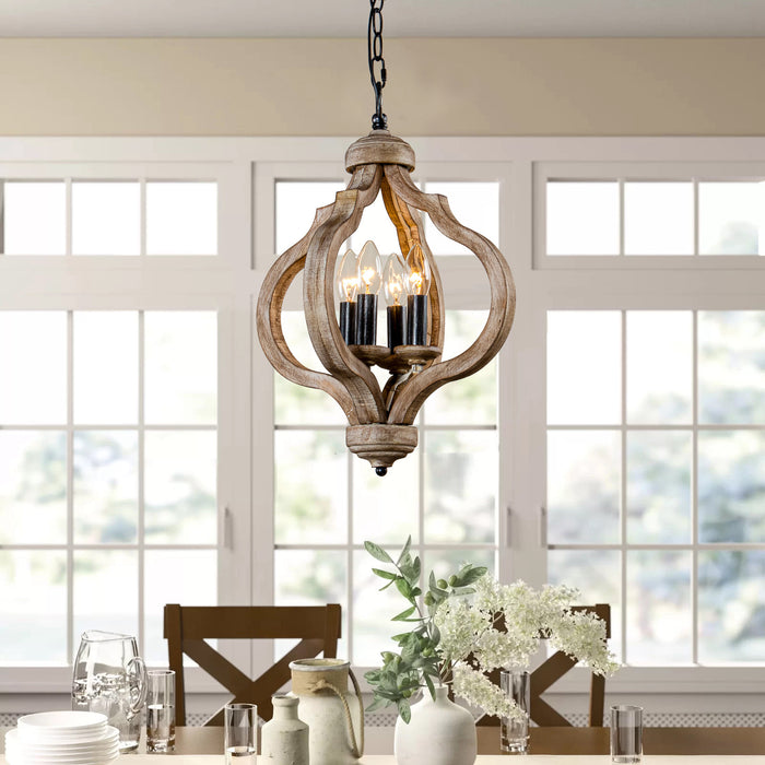 4-Light Wood Chandelier Rustic Orb Wooden Pendant Light