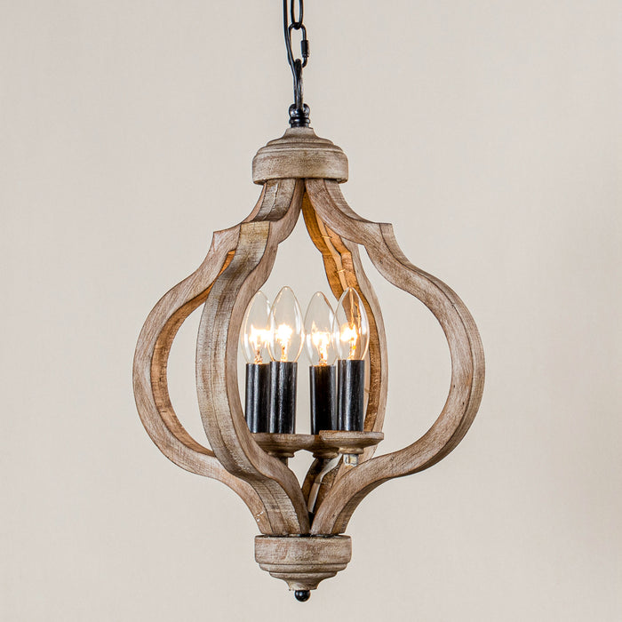 4-Light Wood Chandelier Rustic Orb Wooden Pendant Light