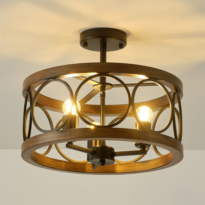 16" Wood Rustic 3-Light Ring Ceiling Light