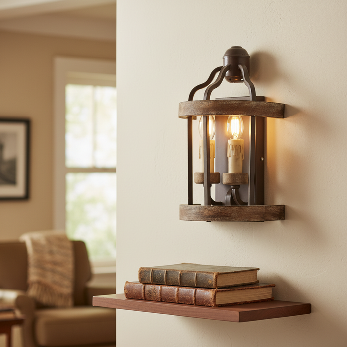 2-Light Farmhouse Brown Wood Iron Wall Sconces Lighting