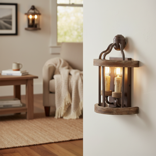 2-Light Farmhouse Brown Wood Iron Wall Sconces Lighting