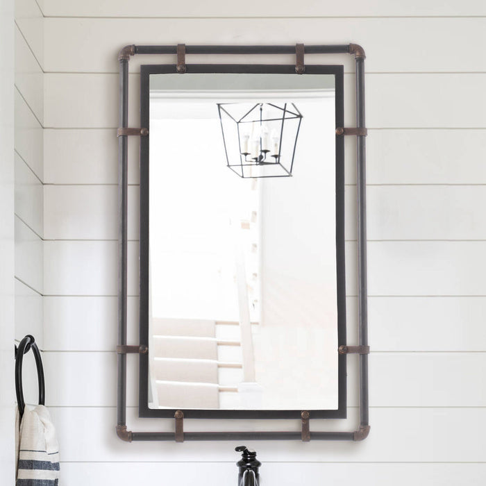 Brown Industrial Rectangle Beveled Glass Wall Mirror